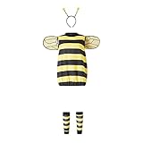Damen Cosplay -Kostüm -Set 4 Bild Bienenkostüm Kit Bumblebee Kostüm mit Kopfschmuck+gestreiftes Top+Wings+Socken (Yellow Children, 10-12 T)