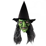 J-ouuo Alte Frauen-Hexenmaske, Halloween-Hexen-Gesichtsmaske mit Haaren und Hut, Latex-gruselige grüne Zauberin-Masken, Halloween-Kostüm-Requisiten für Halloween-Party