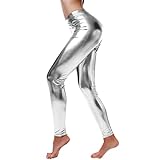 Damen Metallic Leggings glänzende Hose mit hoher Taille Shiny Leggings im Wet Look für Party Tanz Disco Kostüm Karneval (White, M)
