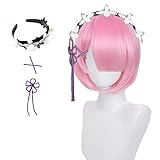 Ram Wig Mit Stirnband, X-Stiften, Blumenschleife, Anime Ram Cosplay Perücke, kurze rosa Bob-Perücke für Frauen und Mädchen (ram)