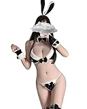 SINROYEE Japanische Lolita Unterwäsche Sexy Bunny Cosplay Dessous Kostüm Set Micro Bikini Furry BH und Panty Kawaii Anime Urlaub Party, Schwarz, Einheitsgröße