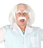 Foxxeo weiße Perücke strubbelig mit Halbglatze Augenbrauen und Bart verrückter Professor Einstein Alter Opa Greis Karneval Party