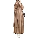Bohen Muslimisches Zweiteiliges Gebetskleid für Frauen Abaya Kleid Islamischer Naher Osten Dubai Türkei Maxi Abaya Kaftan mit voller Länge Hijab Kleid, Khaki, Einheitsgröße