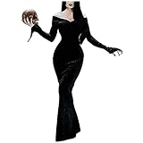 sujinxiu Motica Addams Cosplay Kostüm Full Sets Schwarze Kleider Langarm Maxi Party Halloween Outfits für Frauen Mädchen