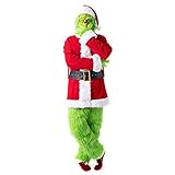 Grinch Weihnachtskostüm Lustiges Verkleidung Erwachsene inklusive Maske Grün Monster Kostüm für Männer Weihnachten 7 Stück Grinch Cosplay Weihnachtsmann Anzug, M