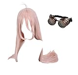GZIRUE Rosa Lange Gerade Perücke für Frauen Mädchen Damen Miu Iruma Cosplay Wig Halloween Party Kostüm Wig mit Brille Steampunk Antique Goggles Glasses DRV3