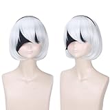 Bokerom Anime Game Cosplay Nier Automata 2B 9S Perücken, weißes kurzes Haar mit Perückenkappe, für Halloween, Party, Karneval, Nachtleben