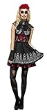 Halloween! Smiffys Fever Tag der Toten Kostüm, mit Kleid, befestigtem Unterrock, Rosen-Kopfschmuck, Schwarz, Größe: 40-42