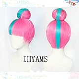 LOL Qiyana Cosplay Perücke True Damage Cosplay Blue Mixed Pink Wigs with Bun Halloween Heat Resistant Synthetic Hair + Perückenkappe