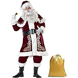 SHUOYUE Weihnachtsmann Kostüm Herren Santa Claus Costume Nikolauskostüm Männer Erwachsene 12 Stk Set Weihnachten Partei Cosplay Roter Deluxe Samt Mottoparty Karneval Cosplay (M)