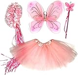 Tante Tina Schmetterling Kostüm Mädchen - 4-teiliges Mädchen Kostüm Schmetterling mit Tüllrock , Flügel , Zauberstab und Haarkranz - Rosa - geeignet für Kinder von 2 bis 8 Jahren