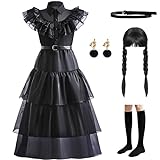 LZH Wednesday Addams Costume Dress For Girl Cosplay Addams Family Dresses With Wig Belt Earrings Fancy Dress Halloween Carnival Party, Schwarz, 11-12 Jahre, ZH208A1-150