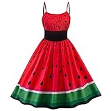 iBaste Damen Spaghetti Strap Kleid Wassermelonen Print Schlanke Taille Vintage Retro Aufflackern Kleid