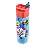 P:os 33165 - Trinkflasche für Kinder, ca. 540 ml, transparentes Design mit Super Mario Motiv und integriertem Strohhalm zum Hochklappen, aus Kunststoff, bpa- und phthalatfrei