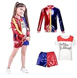 Mädchen Kinder Halyquin Outfit Halloween Karneval FancyDress Coat + Shorts + T-Shirt Set (as3, Age, Numeric_0, Rot, 9–12 Jahre (XXL, 140-155cm))