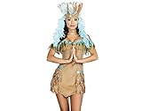less is more Damen Kostüm Indianerin Braun/Türkis mit Federn Fasching Karneval Squaw Indianer, Größe:S
