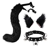 Perfeclan Kunstpelz Katzenohren Haarspange Furry Wolf Fox Long Tail Kostüm Halloween Party Neck Chocker Cosplay Set - Schwarz
