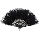 Mwoot Damen Fächer Feder, Embroidered Flower Marabou Feather Fan, 1920s Vintage Style Folding Handheld Feather Fan, Flapper Hand Fan for Costume Halloween Dancing Wedding Party Prom Tea Party - Black