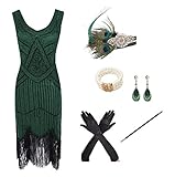 shoperama 20er Jahre Charleston Flapper Damen-Kostüm Grün Pailletten-Kleid mit Fransen und 5-TLG. Pfau Zubehör-Set, Größe:L