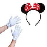 Oblique Unique Damen Maus Mouse Kostüm Accessoire Set Rot Weiß Schwarz - Haarreifen mit Maus Ohren und Schleife Gepunktet + Handschuhe für Fasching Karneval Motto Party