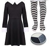 Damen Gothic Manor Tochter Kostüm - Erwachsene Mittwoch Halloween Kostüm - Lange schwarze Kragen Kleider, Strumpfhosen & Gesichtsfarbe (X-Large - UK 16-18)
