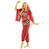 FEESHOW Frauen Bauchtanz Kostüm Indische Tanz Outfit Puffärmel Münzen Top mit Pluderhosen Hüfttuch und Kopftuch Set Party Performance Kleidung Rot One Size