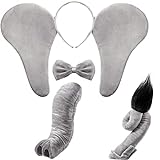 4 Stück Kinder Elefant Kostüm Accessoires Set Grau Elefant Haarreif Elefant Ohren Nase Schwanz und Fliege für Kinder Erwachsene Halloween Verkleidung Party