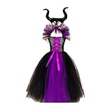 Kinder Maleficent Kostüm Mädchen Prinzessin Fancy Evil Queen Dress Up Handgemachtes Gestricktes Tüll Kleid mit Horn Stirnband Wicked Hexe Halloween Karneval Cosplay Party Outfit Gr. 6-7 Jahre, violett