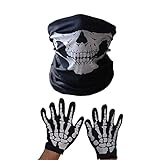 Skull Gesichtsmaske,Bedrucktes Multifunktionstuch,Schädel Motorrad Gesichtsmaske,Halloween Abschlussball Maske Geistermaske gruselige Geister Kopfbedeckung Maske plus Skelett-Geist-Hand Handschuhe-Set