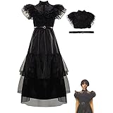 Wednesday Addams Kostüm, Wednesday Addams Kleid für Kinder Damen Mädchen, Addams Family Merchandise Gothic Thing Geschenke für Faschingskostüme Karneval Halloween Cosplay Kostüme, Schwarze