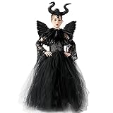 AMOBON Maleficent Kostüm für Kinder, Mädchen Böse Königin Kleid mit Hörner Kopfschmuck und Schwarze Flügel Umhang Schulterklappen für Karneval Fasching Halloween Cosplay Carnival Motto Party (S)