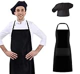 Cxing Kochmütze und Schürze für Erwachsene, einfarbig Polyester, verstellbare, elastische Kochmütze, mit zwei Taschen, Partyzubehör Weihnachten für die Küchenschule zu Hause (Black)