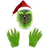 Miminuo Maske mit Weihnachtsmannmütze Weihnachtsmaske und Handschuhen Kostüm Requisiten Gruselige Latex Vollkopfmaske