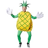 dressforfun Kostüm Ananas Ananaskostüm | Ärmelloses Oberteil mit gekreuzten, grünen Streifen | Große, lustige Handschuhe | Inkl. Kopfbedeckung in Form eines Blattschopfes (M | Nr. 301631)
