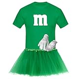 T-Shirt M&M + Tüllrock Karneval Gruppenkostüm Schokolinse 8 Farben Herren XS-5XL Fasching Verkleidung M's Fans Tanzgruppe, Gr.:M, Farbauswahl:grün - Logo Weiss (+Handschuhe Weiss/Tütü grün)