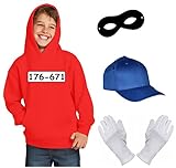 Coole-Fun-T-Shirts Kinder Set Gangster Bande KOSTÜM - Fasching - Karneval - Sweatshirt mit Kapuze, MÜTZE, Maske + Handschuhe - rot Gr.140