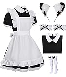 Maid Dress Cosplay Anzug Damen Maid Outfit für Mädchen Halloween Cosplay Kostüm Lolita Dress mit Kopfbedeckung Handschuhe Strümpfe (X-Large, Schwarz)