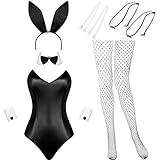 Geyoga Hase Kostüm Frauen Dessous und Schwänze Bodysuit Kaninchen Outfit Set für Halloween Weihnachten Kostüm Cosplay Party (M, Weiß und Schwarz)