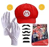 TK Gruppe Timo Klingler 2 in 1 - Set Super Mario Kostüm mit Handschuhen, Schnurrbart, Mütze, Knöpfen als Kostüm für Fasching & Karneval