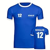 VIMAVERTRIEB Herren Kontrast T-Shirt Schalke - Trikot 12 - Druck: weiß - Männer Shirt Fußball Fanartikel Fanshop - Größe: L blau/weiß