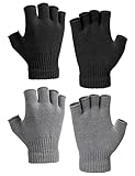 Kiiwah 2 Paar Halbfinger Handschuhe, Winter Fingerlose Handschuhe Strickhandschuhe für Herren Damen (Schwarz, Grau)
