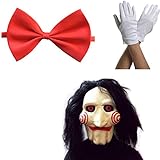 thematys Jigsaw Saw Horror Maske mit Kunsthaaren + Fliege + Handschuhe - perfekt für Fasching, Karneval & Halloween - Kostüm für Erwachsene - Damen Herren