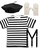 Mega_JumbleSale Kinder Französische Mime-Künstler-Kit – schwarze Baskenmütze, T-Shirt, weiße Handschuhe und Hosenträger,Halloween Buchwoche Cosplay Mottoparty Kostüm-Set, schwarz,weiß, 11-12 Jahre