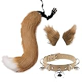 Schwanz und Ohren Set, langer Fuchsschwanz Cosplay Faux Furry Fox Wolf Tail Kit mit Ohren und Glockenkragen für Kinder, Mädchen, Jungen, Teens, Frauen, Party (Braun & Weiß)