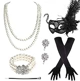 JORAKI 1920er Jahre Damen Kostüm Zubehör, 7Stück Kostüm Damen Accessoires mit Maskerade Maske Halskette Handschuhe Ohrringe für Frauen Halloween Karneval Party Abschlussball Hochzeits
