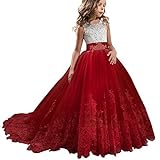 TTYAOVO Mädchen bodenlangen Spitze Prinzessin Kleid Mädchen Party Hochzeit Brautjungfer Kleid Geschichteten geschwollenen Tüll Kleider (Größe130) 6-7 Jahre 406 Rot