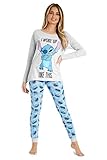 Disney Schlafanzug Damen Lang, Stitch Pyjama Damen Set, Minnie Mouse Schlafanzug Damen S-2XL (Grau/Blau Stitch, L-16/18 UK)