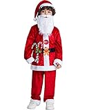 IKALI Jungen Weihnachtsmann Kostüm Weihnachtsmann Outfit Kinder Fancy Party Geschenk mit Hut Weißbart 4-Stücke 8-10 Jahre