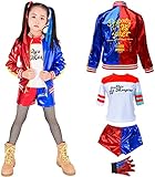 Harley Quinn Cosplay Kostüm Mädchen: Suicide Squad Jacke Shorts T-Shirt Handschuhe Set PU Leder Outfits Stickerei Anzug Kinder