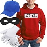 Shirtgeil Panzerknacker Banditen Kostüm Hoodie + MÜTZE + Maske + Handschuhe Kapuzenpullover Hoodie Medium Rot